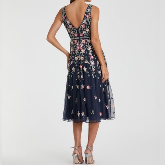 Mac Duggal 5527‎ Womens Size 6 Navy Blue V-Neck Floral Beaded A-Line Midi Dress - Picture 6 of 6